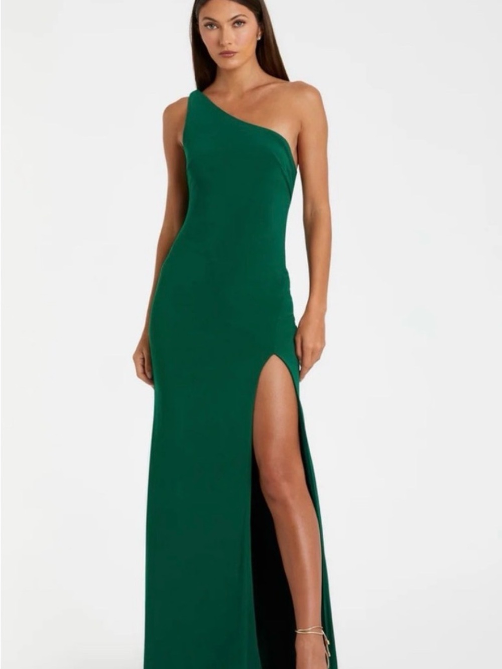 Mac Duggal One-Shoulder Emerald Green Gown with High Slit